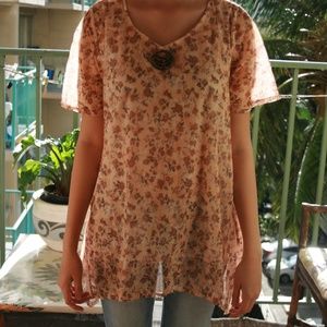 Women's Floral short sleeve tops / brown